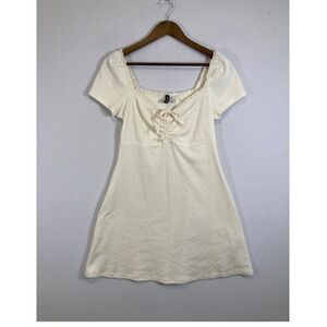 H&M Divided Ribbed Milkmaid Mini Dress Large Cream Lace Trim Puff Sleeve